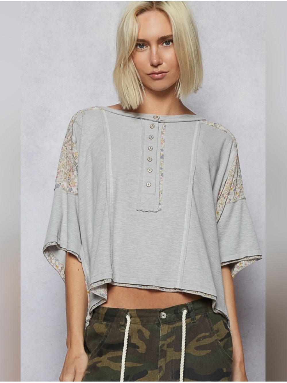 New: POL Boho Floral Patchwork Boxy Henley Short Sleeve Ribbed Top• Large